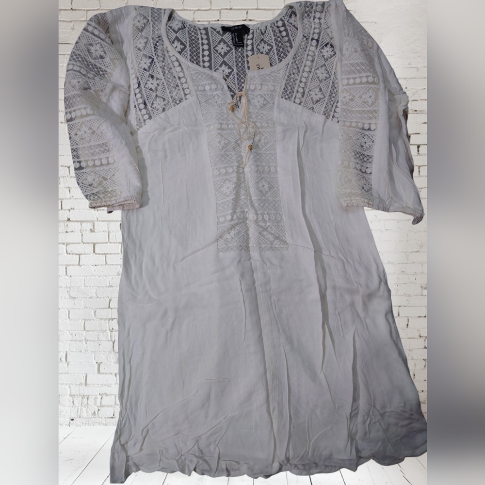 Forever 21 White Boho Embroidered Sheen Net Tunic